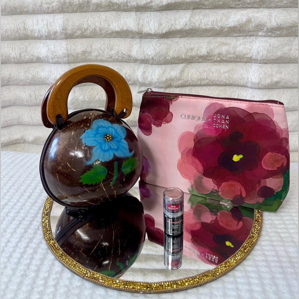 3-Items: Hand-Painted Coconut Purse; Clinique Pouch & Wet ‘n Wild Blush Stick